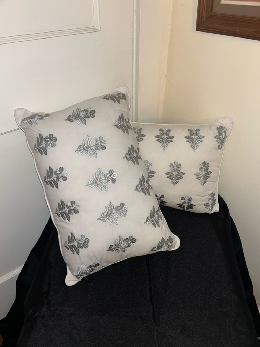 Embroidered Floral Throw Pillows - White with Silver Gray Motif